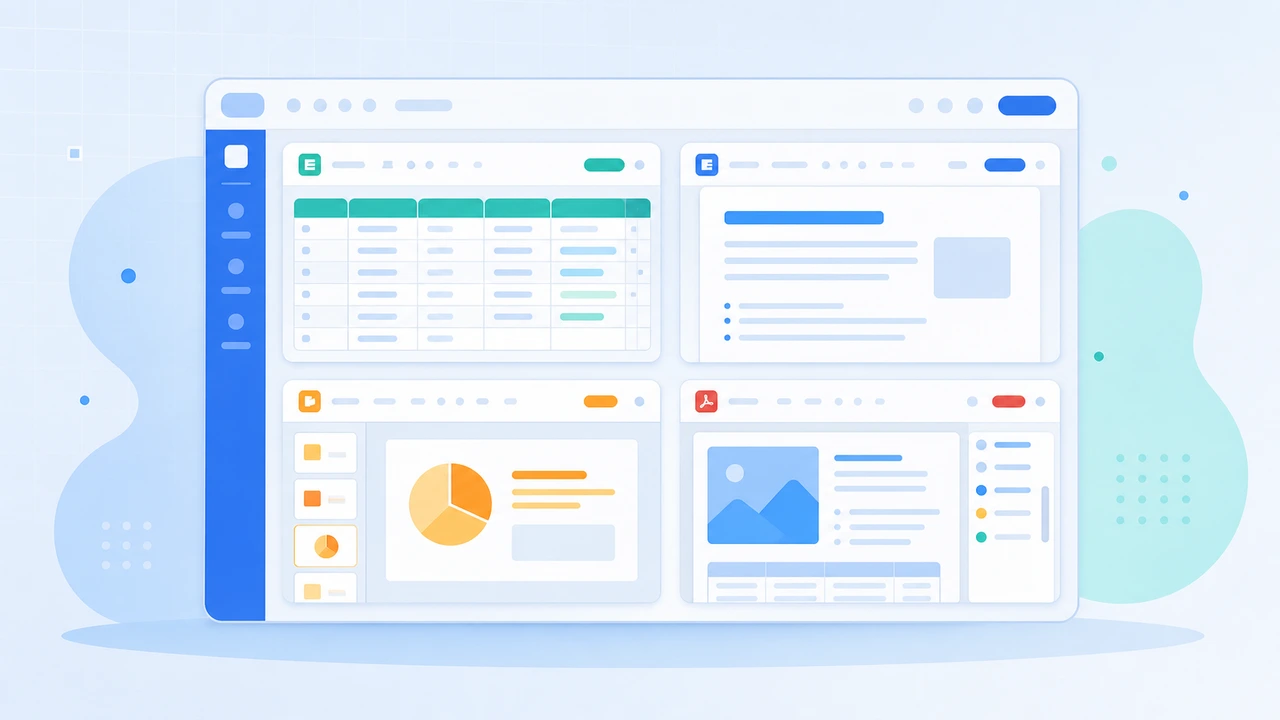 Excel・Word・PowerPoint・PDFのウィンドウが一つのデスクトップに集まるイラスト
